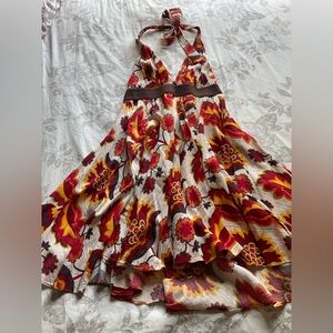 Y2K Brown Orange Floral Halter Mini Dress Medium Fall Autumn Feminine Fairy Boho